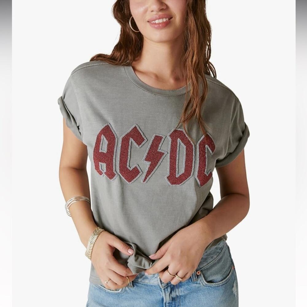 Lucky Brand Women's Size Large ACDC Beaded Boyfriend Tee